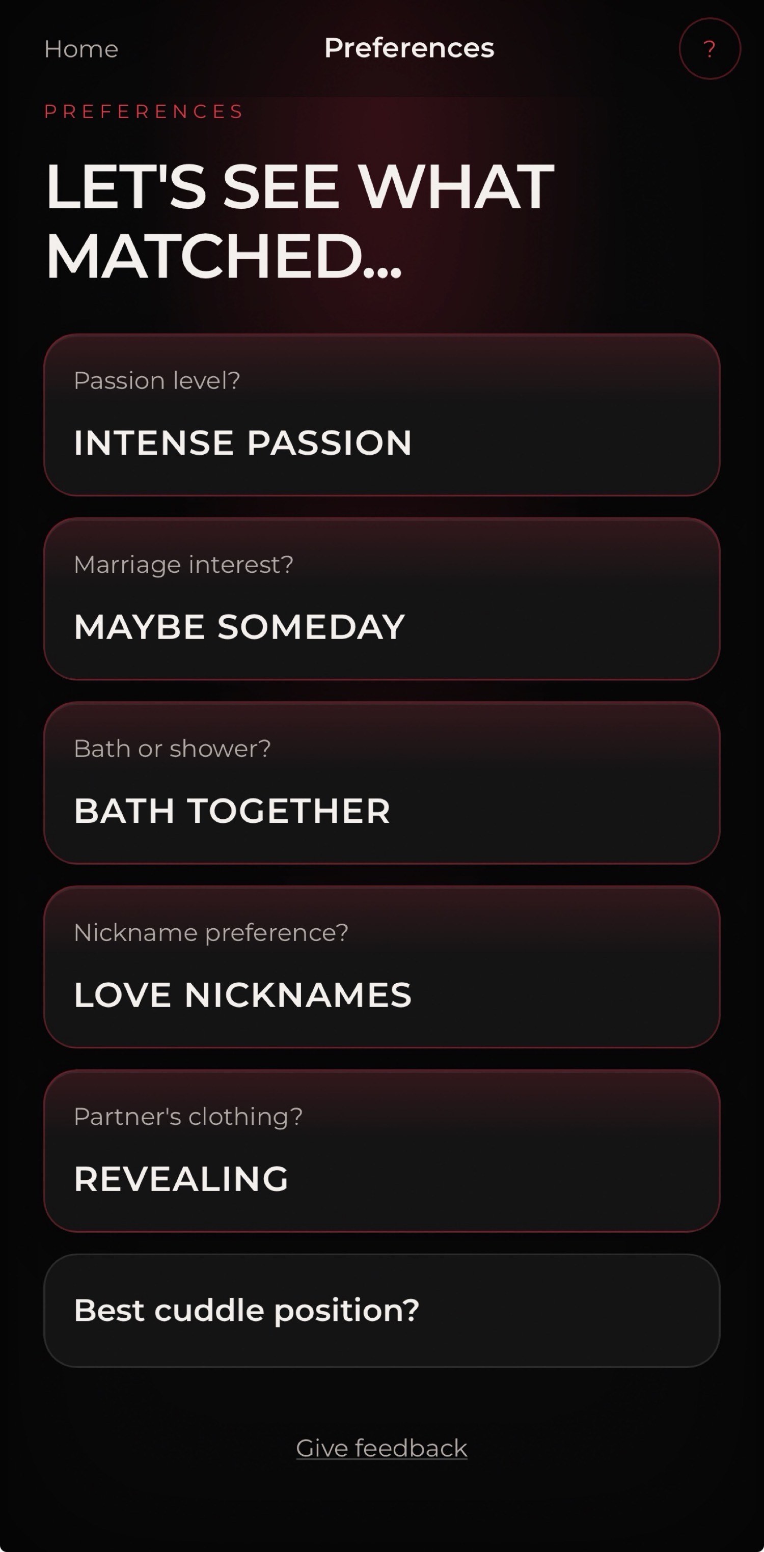 Preferences reveal. Let's see what matched. Only the mutual choices are shown.